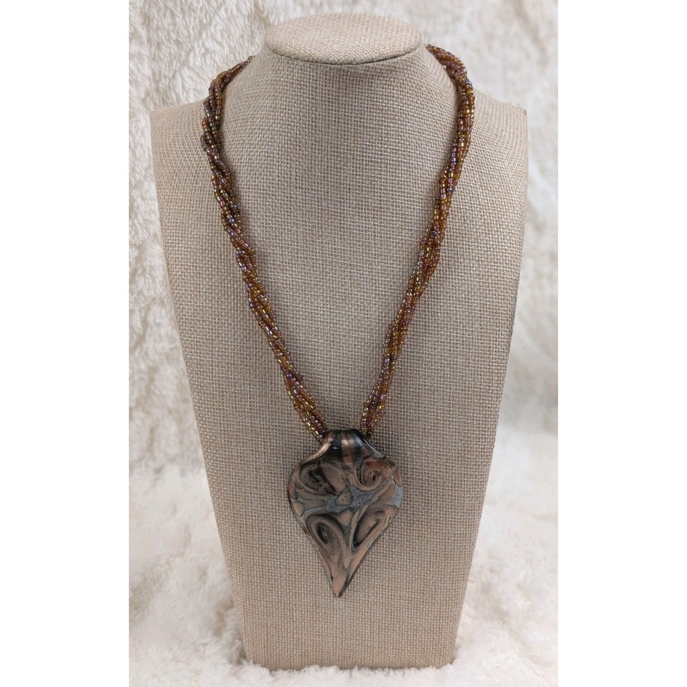 Handmade Art‎ Glass Pendant Necklace Bronze Black Swirl Seed Bead Strands